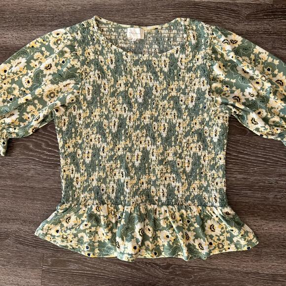 EUC Melloday Green Yellow Floral Smocked Peplum Top M Ruffle Sleeve Cottagecore - Picture 8 of 11